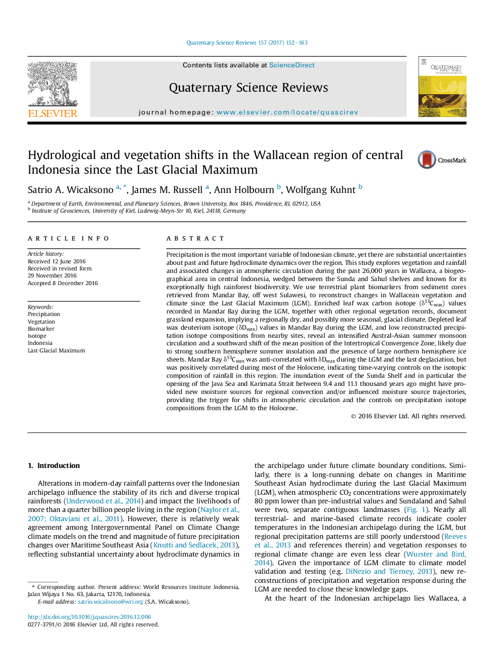 Hydrological and vegetation shifts in the Wallacean region of central Indonesia since the Last Glacial Maximum