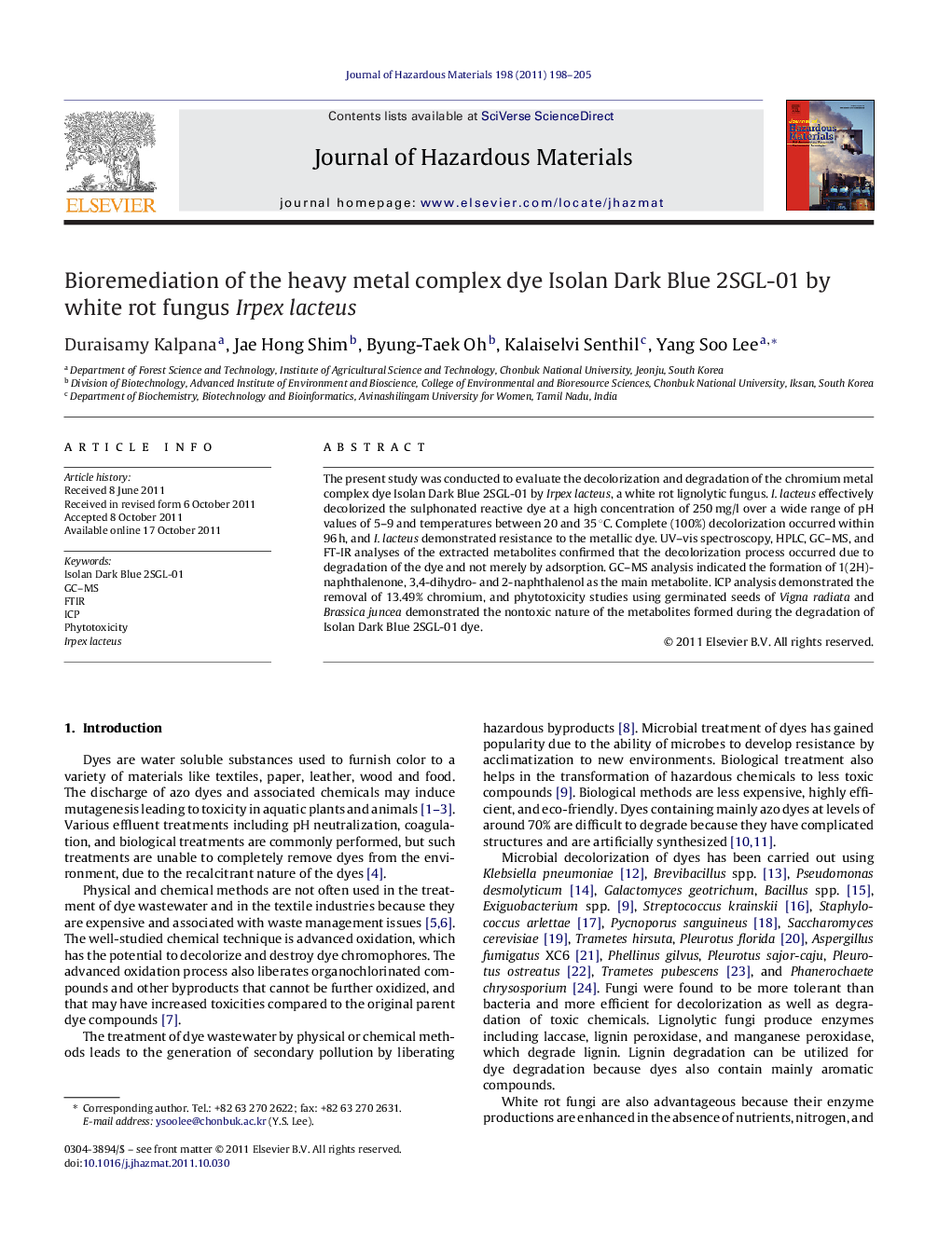 Bioremediation of the heavy metal complex dye Isolan Dark Blue 2SGL-01 by white rot fungus Irpex lacteus