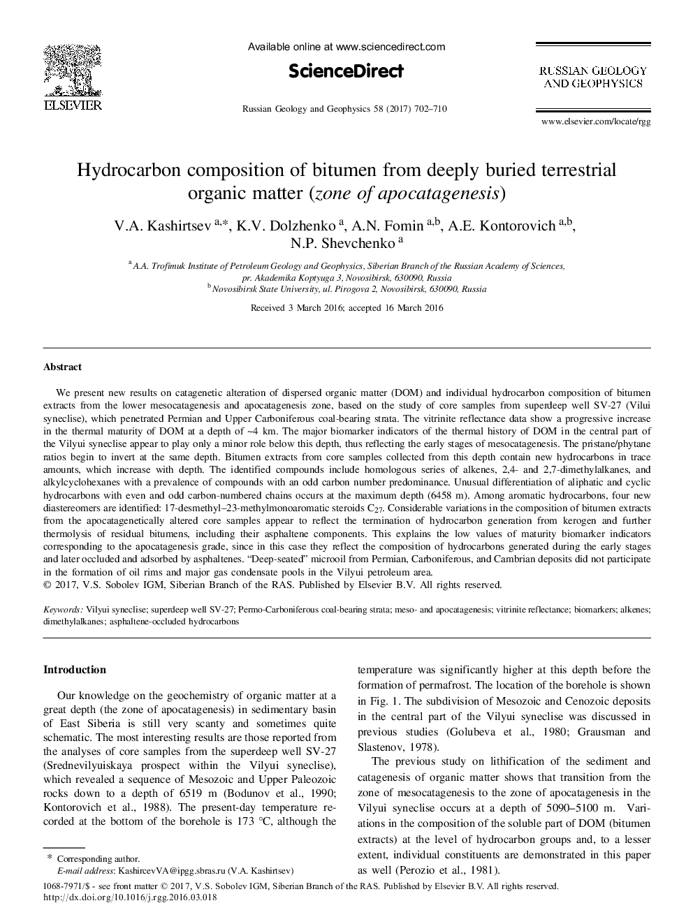 Hydrocarbon composition of bitumen from deeply buried terrestrial organic matter (zone of apocatagenesis)