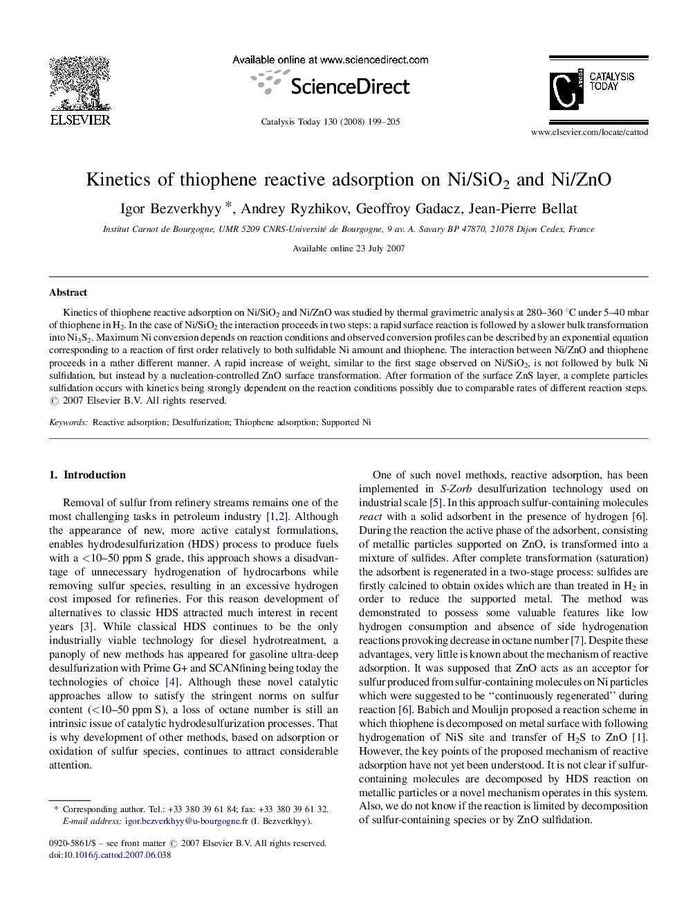 Kinetics of thiophene reactive adsorption on Ni/SiO2 and Ni/ZnO