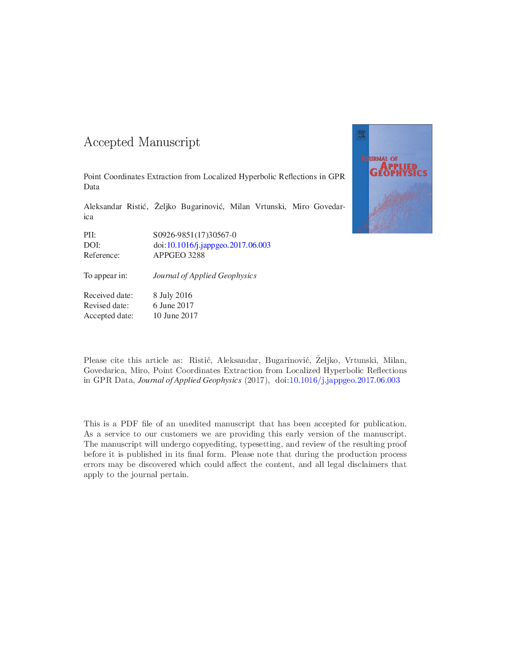 Point coordinates extraction from localized hyperbolic reflections in GPR data