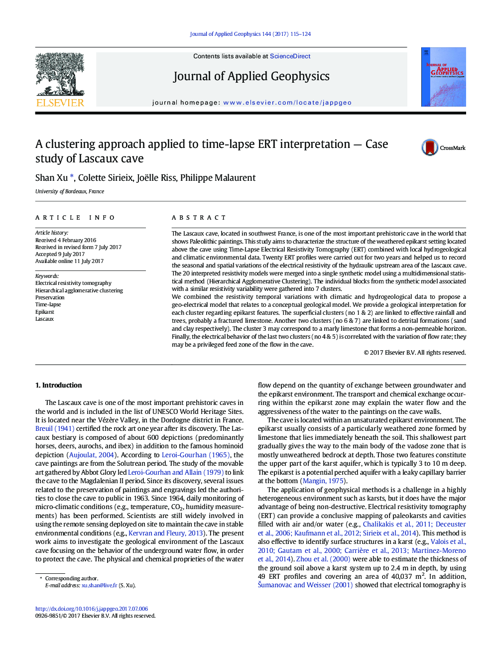 A clustering approach applied to time-lapse ERT interpretation - Case study of Lascaux cave