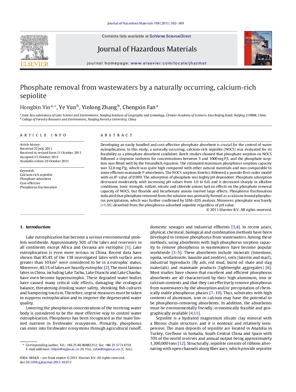 Phosphate removal from wastewaters by a naturally occurring, calcium-rich sepiolite