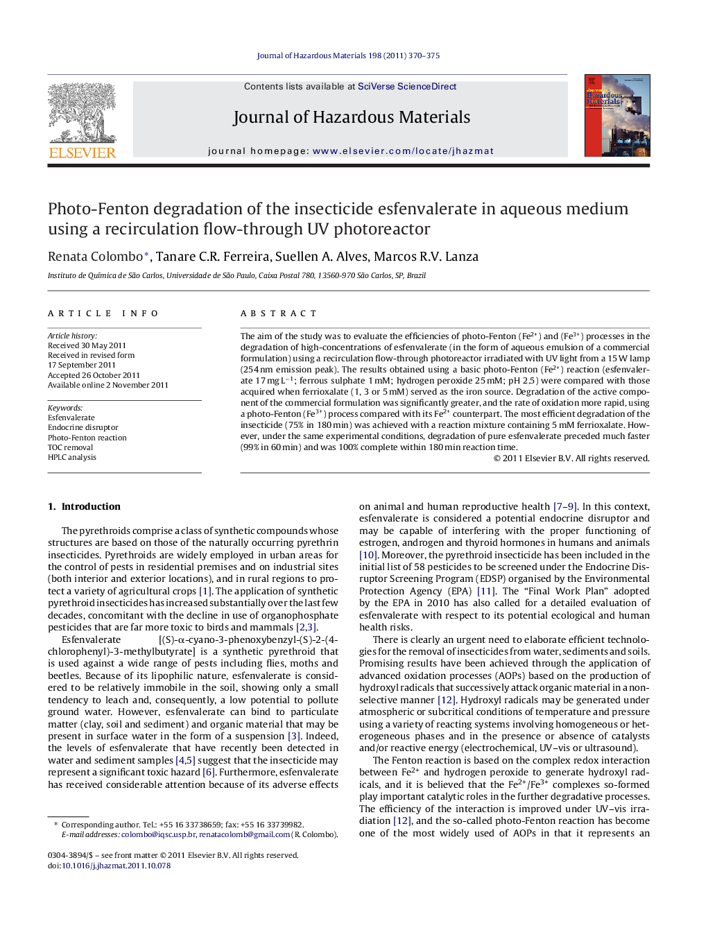 Photo-Fenton degradation of the insecticide esfenvalerate in aqueous medium using a recirculation flow-through UV photoreactor