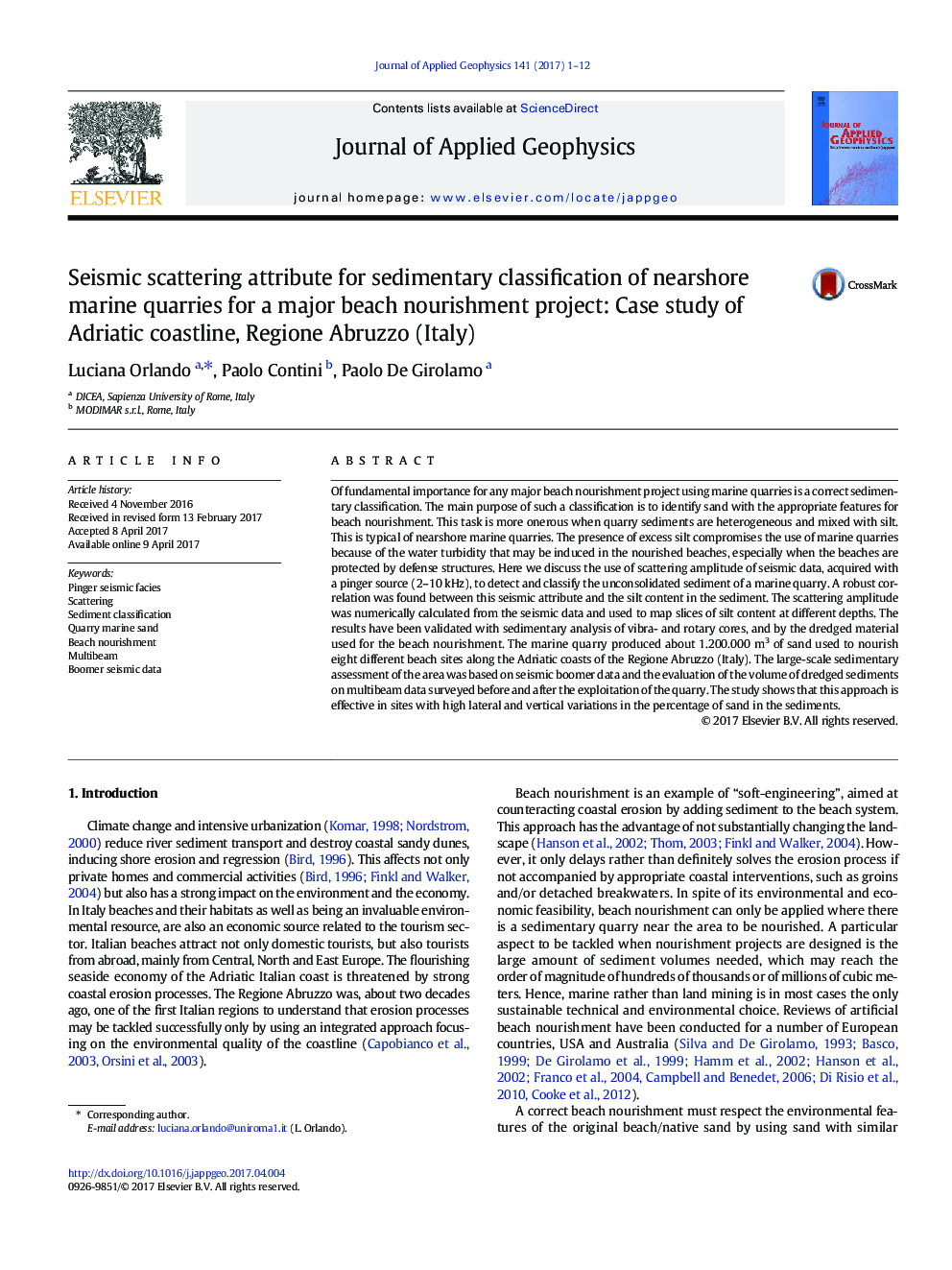 Seismic scattering attribute for sedimentary classification of nearshore marine quarries for a major beach nourishment project: Case study of Adriatic coastline, Regione Abruzzo (Italy)