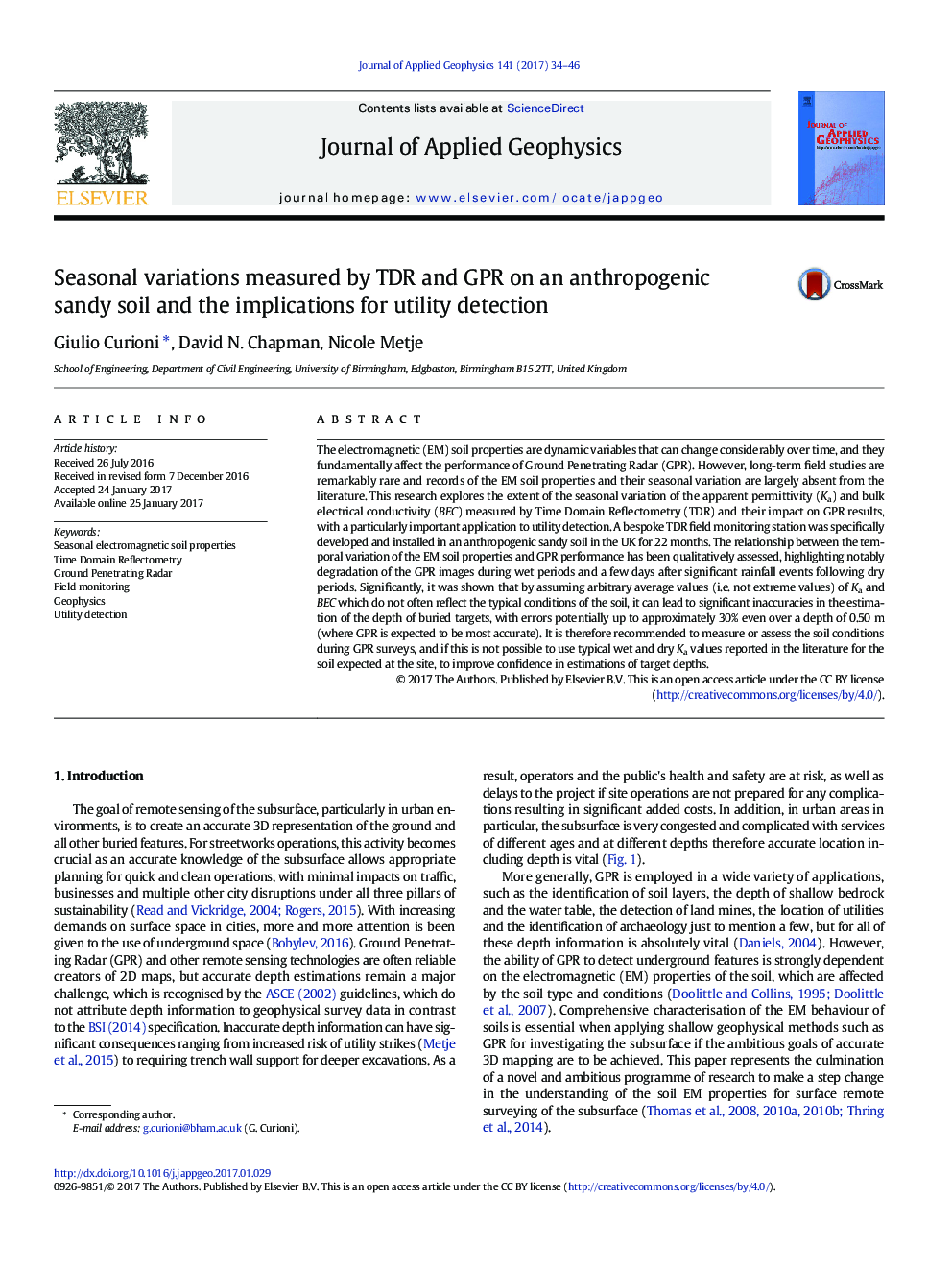 Seasonal variations measured by TDR and GPR on an anthropogenic sandy soil and the implications for utility detection