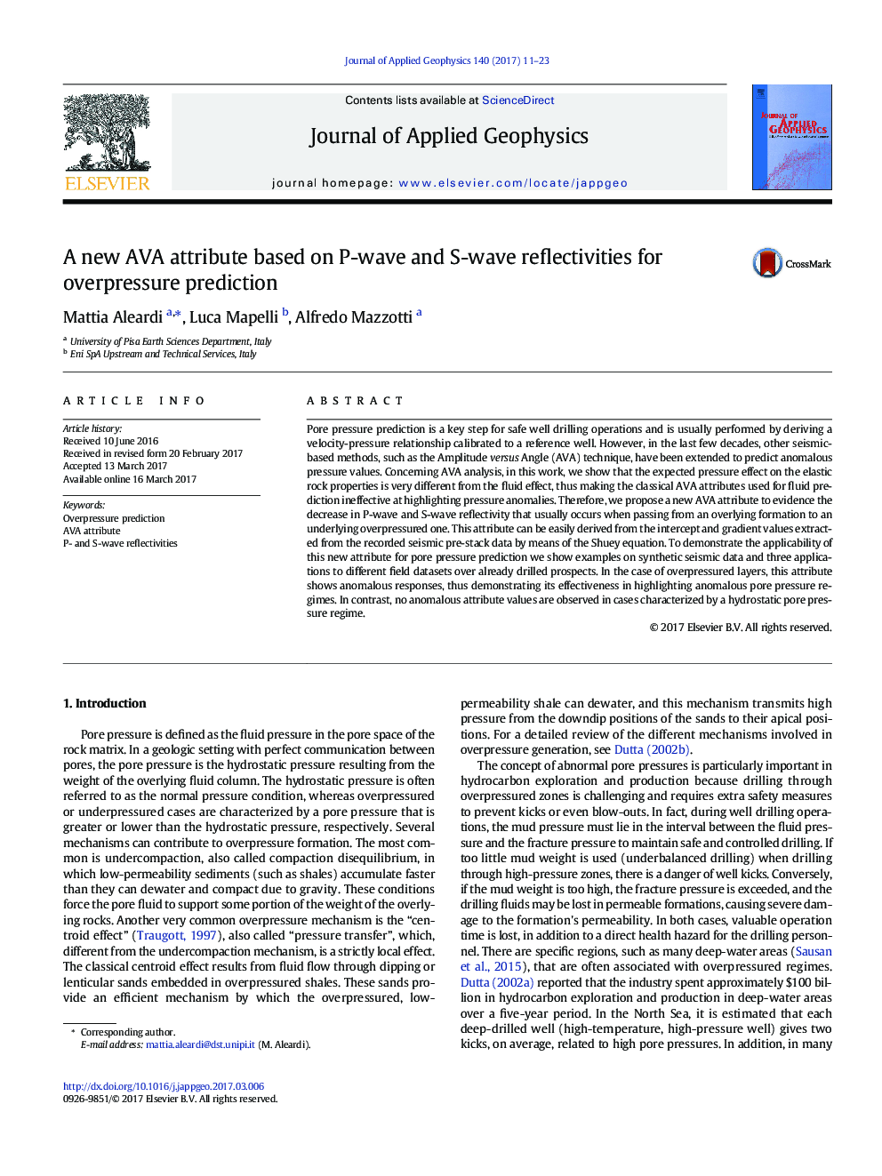 A new AVA attribute based on P-wave and S-wave reflectivities for overpressure prediction