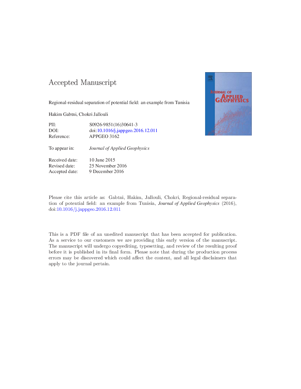 Regional-residual separation of potential field: An example from Tunisia