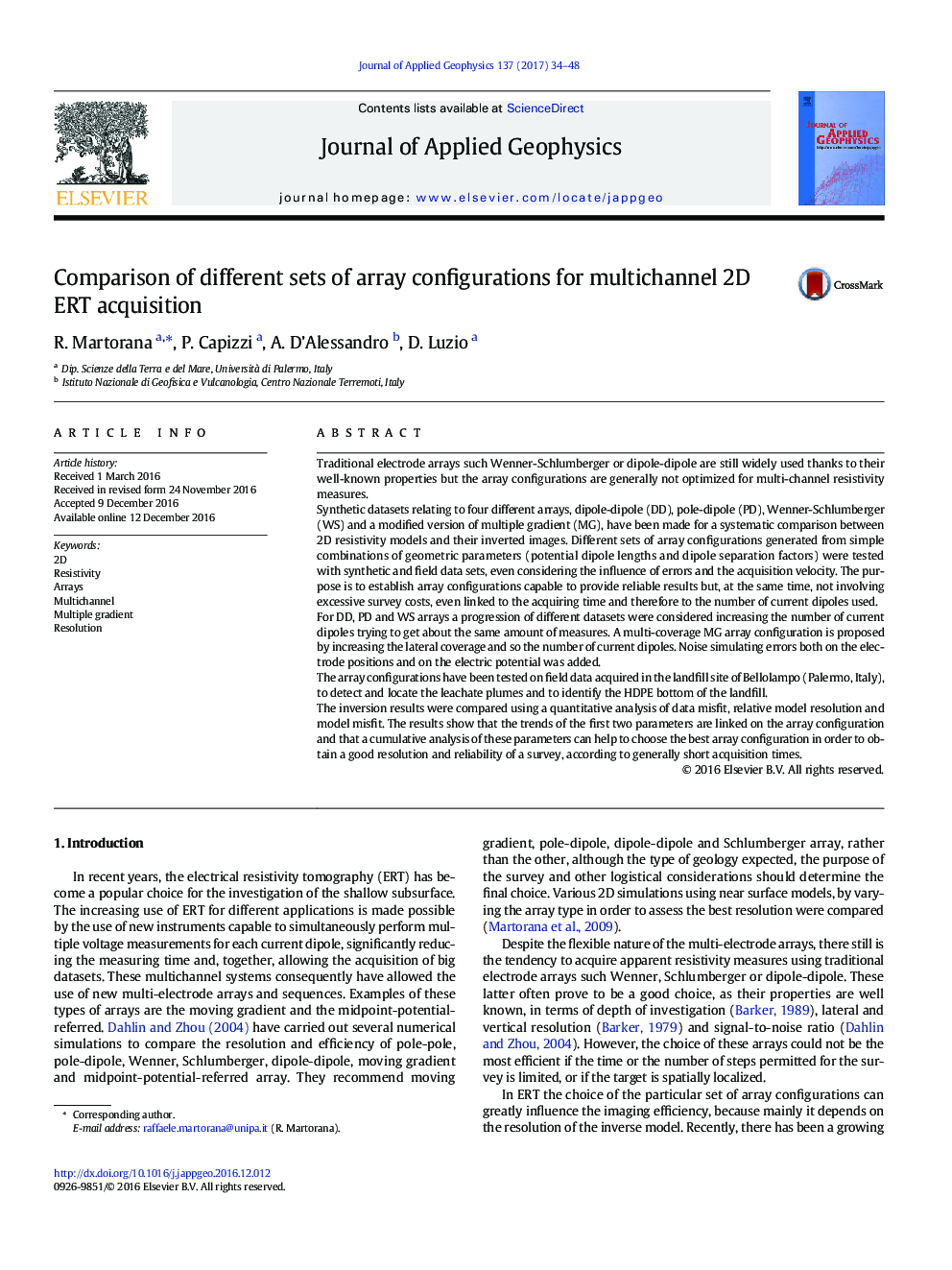 Comparison of different sets of array configurations for multichannel 2D ERT acquisition