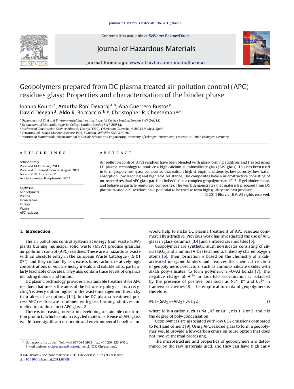 Geopolymers prepared from DC plasma treated air pollution control (APC) residues glass: Properties and characterisation of the binder phase