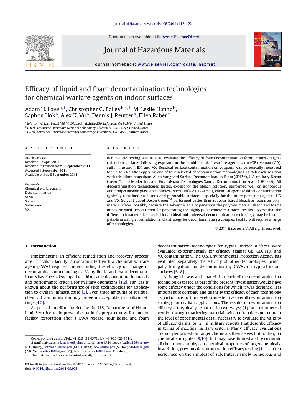 Efficacy of liquid and foam decontamination technologies for chemical warfare agents on indoor surfaces