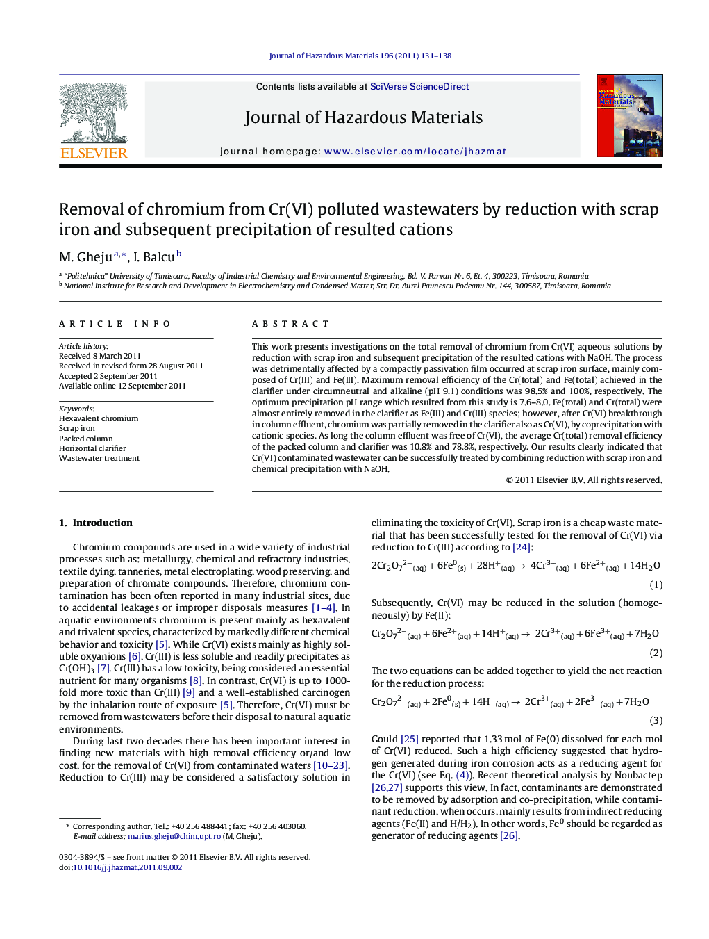 Removal of chromium from Cr(VI) polluted wastewaters by reduction with scrap iron and subsequent precipitation of resulted cations