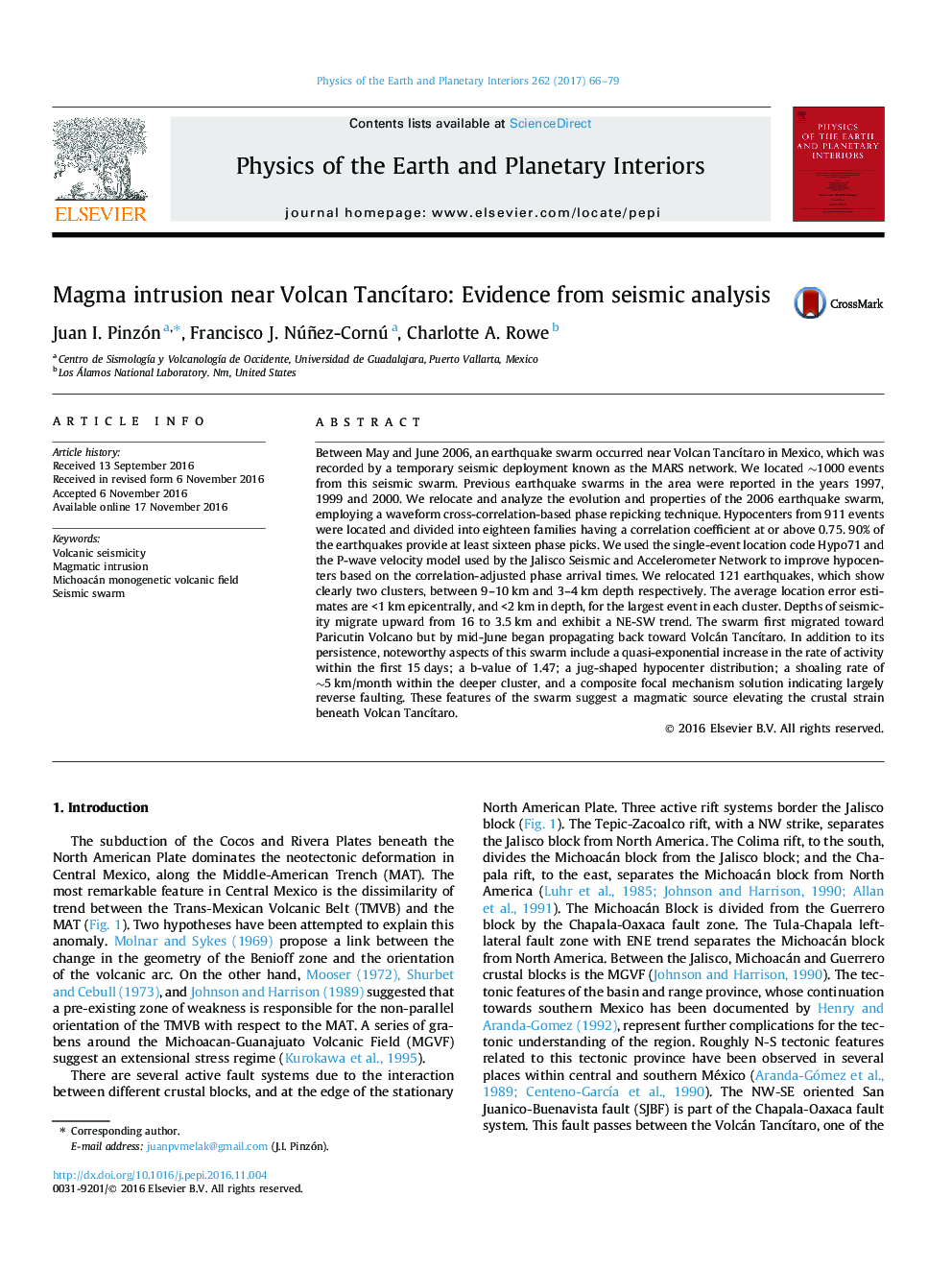 Magma intrusion near Volcan TancÃ­taro: Evidence from seismic analysis