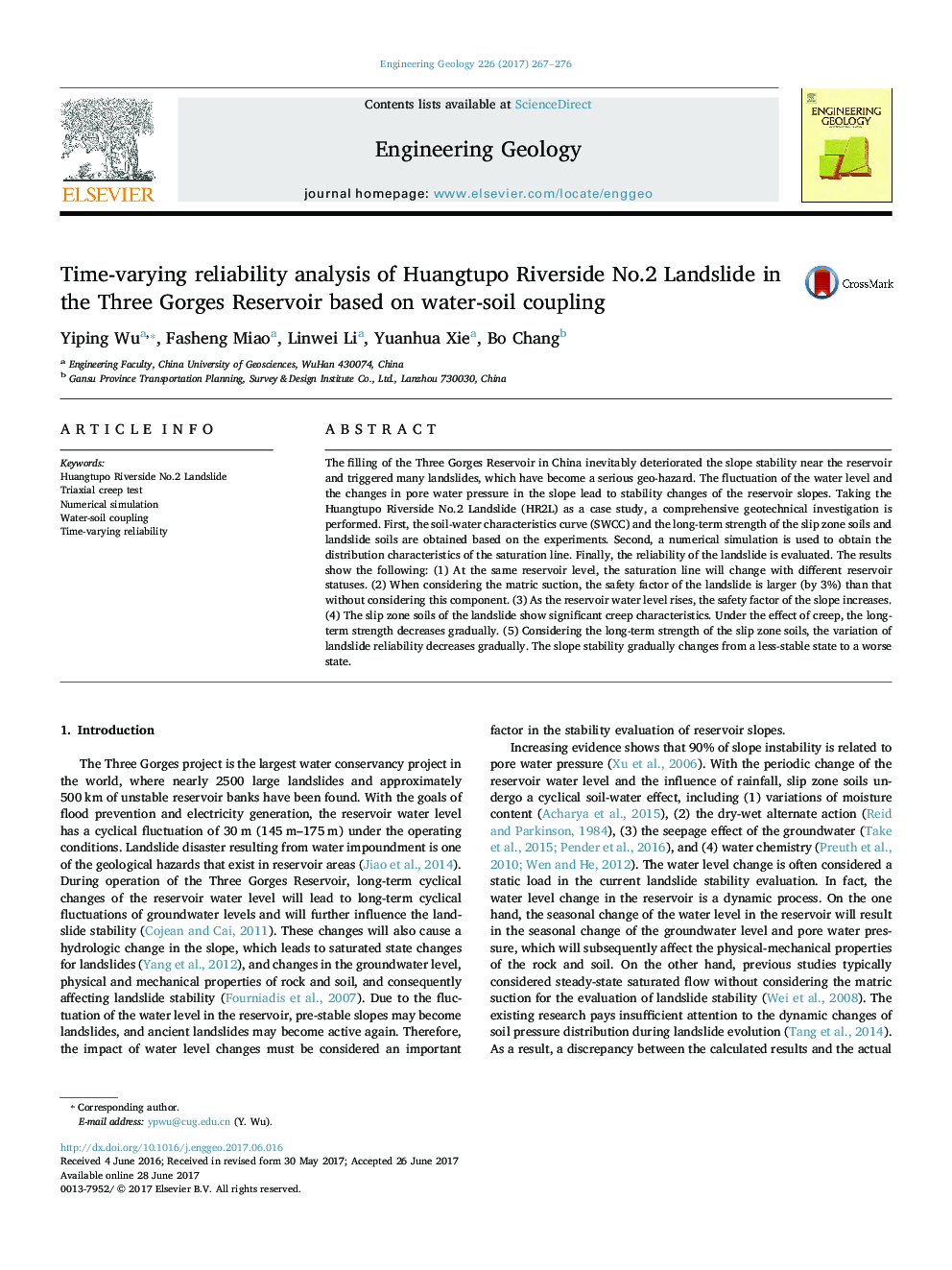 Time-varying reliability analysis of Huangtupo Riverside No.2 Landslide in the Three Gorges Reservoir based on water-soil coupling