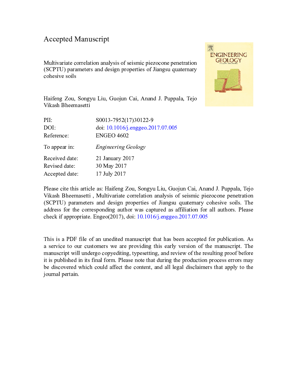 Multivariate correlation analysis of seismic piezocone penetration (SCPTU) parameters and design properties of Jiangsu quaternary cohesive soils