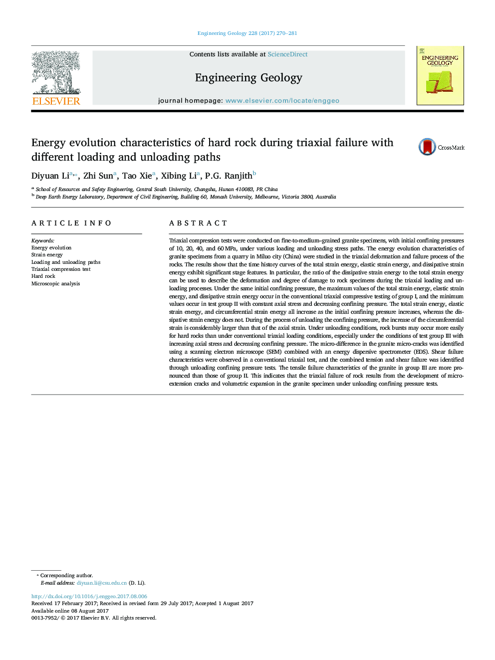 Energy evolution characteristics of hard rock during triaxial failure with different loading and unloading paths