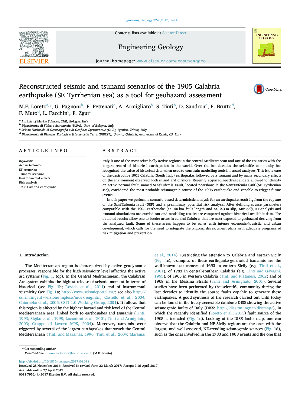 Reconstructed seismic and tsunami scenarios of the 1905 Calabria earthquake (SE Tyrrhenian sea) as a tool for geohazard assessment