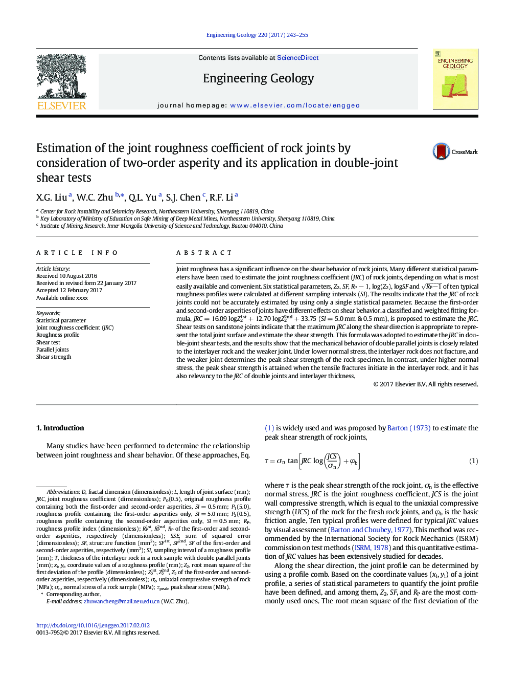 Estimation of the joint roughness coefficient of rock joints by consideration of two-order asperity and its application in double-joint shear tests