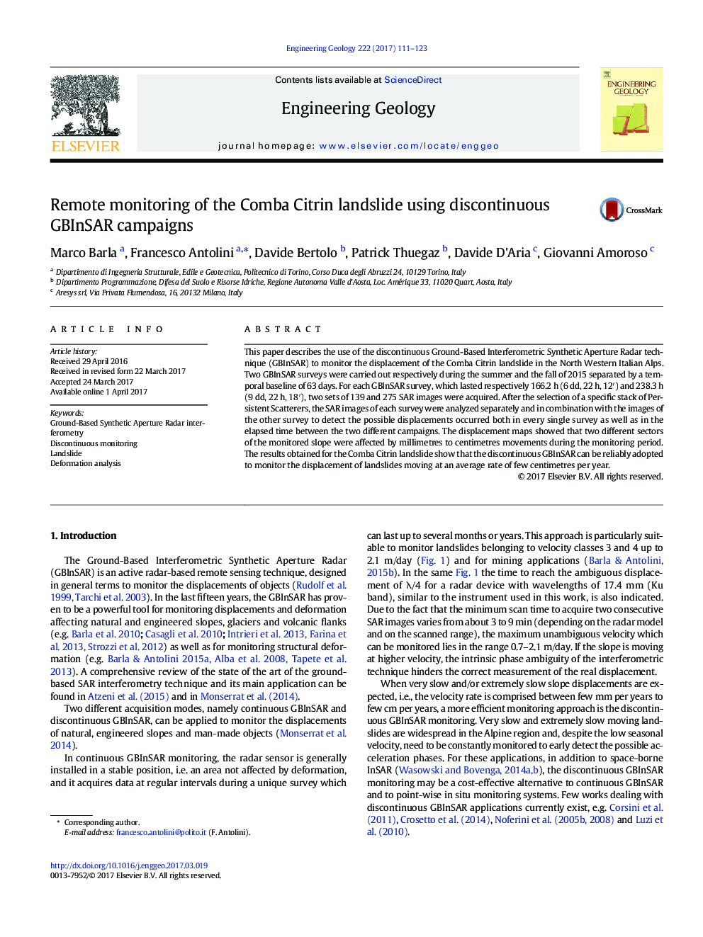 Remote monitoring of the Comba Citrin landslide using discontinuous GBInSAR campaigns