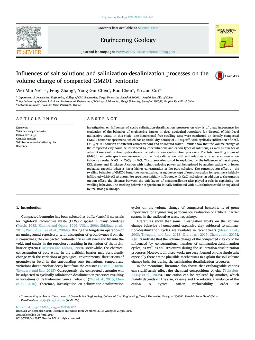 Influences of salt solutions and salinization-desalinization processes on the volume change of compacted GMZ01 bentonite