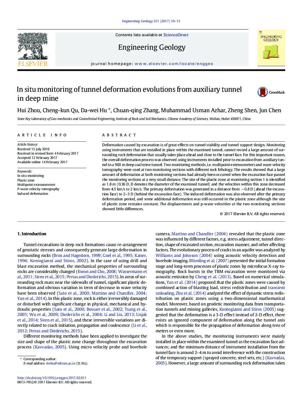 In situ monitoring of tunnel deformation evolutions from auxiliary tunnel in deep mine