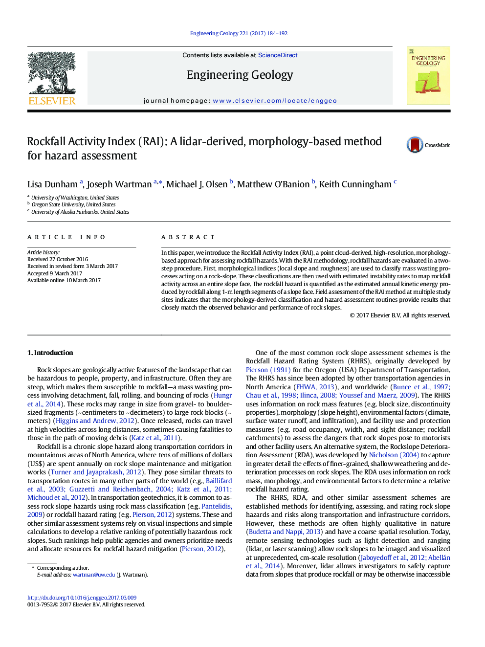 Rockfall Activity Index (RAI): A lidar-derived, morphology-based method for hazard assessment