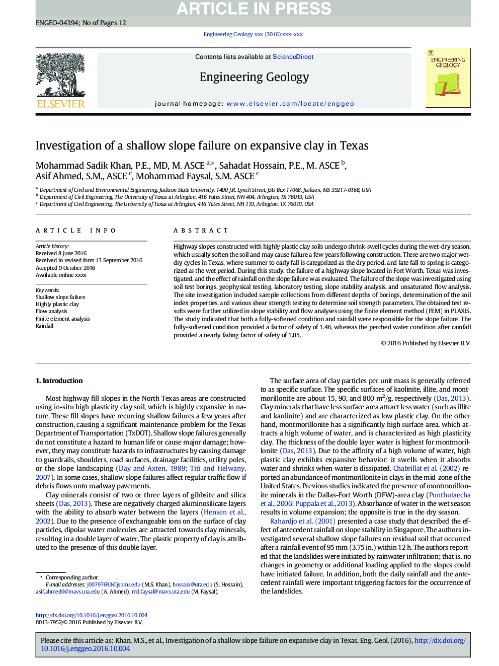 Investigation of a shallow slope failure on expansive clay in Texas