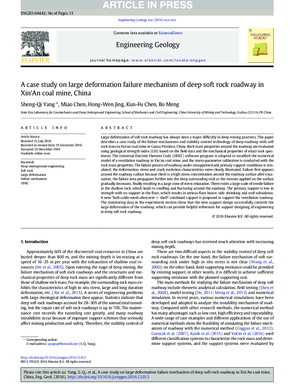 A case study on large deformation failure mechanism of deep soft rock roadway in Xin'An coal mine, China