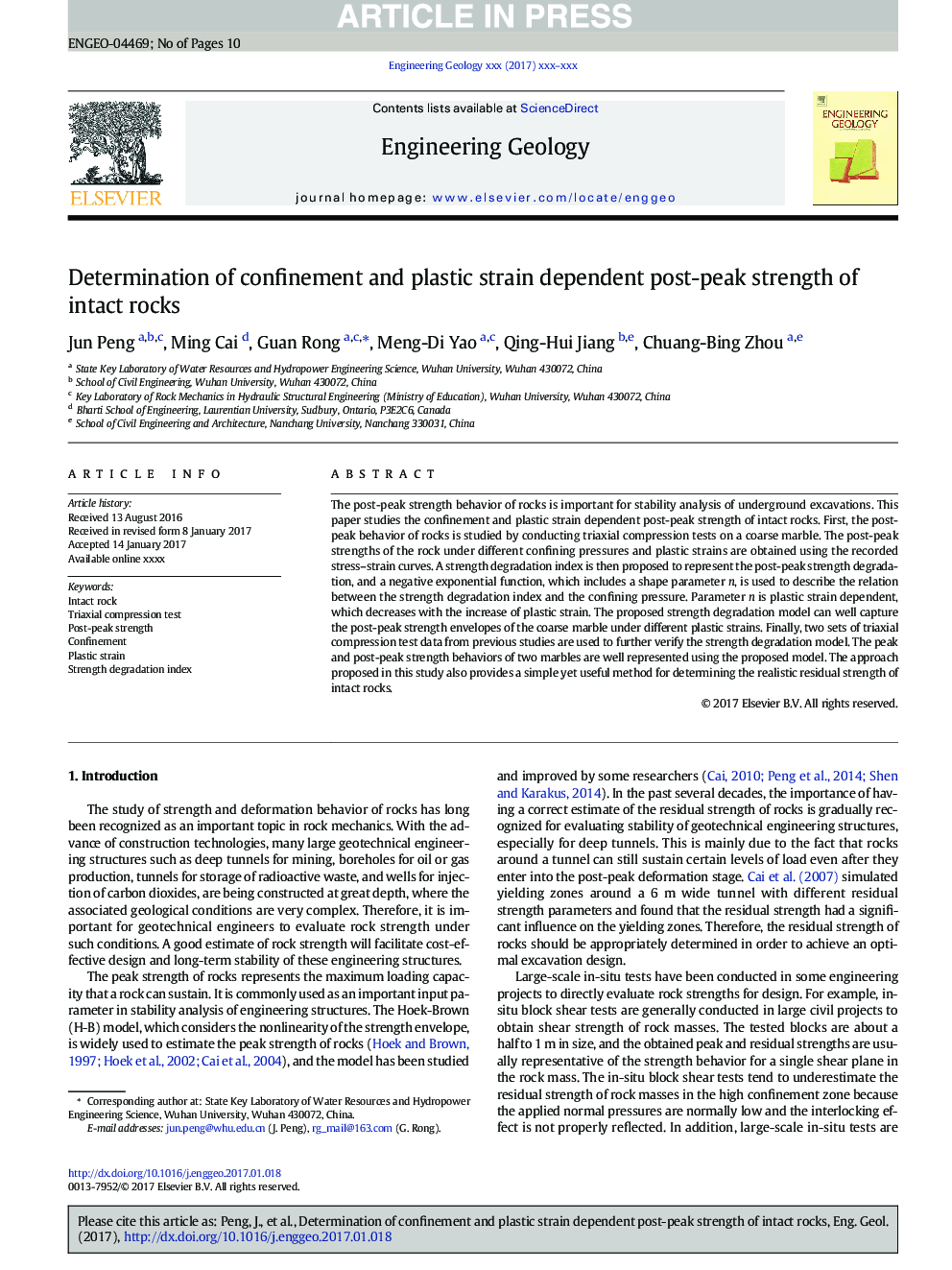 Determination of confinement and plastic strain dependent post-peak strength of intact rocks