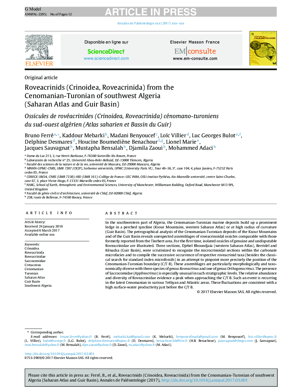 Roveacrinids (Crinoidea, Roveacrinida) from the Cenomanian-Turonian of southwest Algeria (Saharan Atlas and Guir Basin)