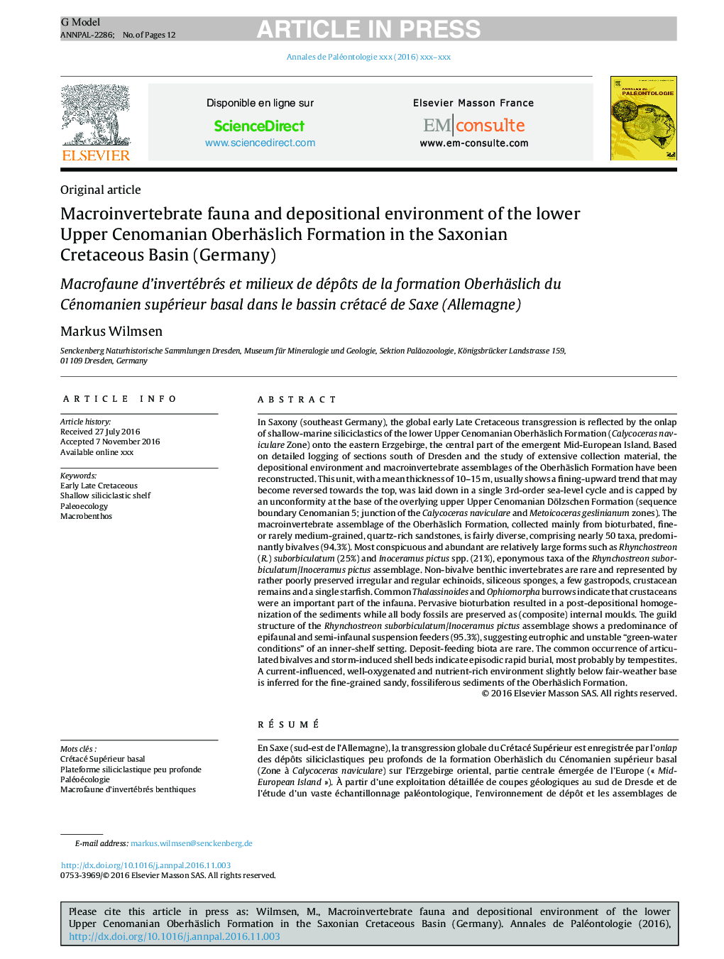 Macroinvertebrate fauna and depositional environment of the lower Upper Cenomanian Oberhäslich Formation in the Saxonian Cretaceous Basin (Germany)