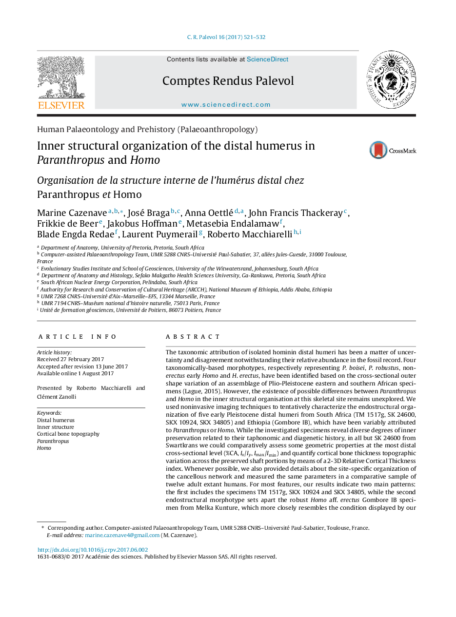 Human Palaeontology and Prehistory (Palaeoanthropology)Inner structural organization of the distal humerus in Paranthropus and HomoOrganisation de la structure interne de l'humérus distal chez Paranthropus et Homo