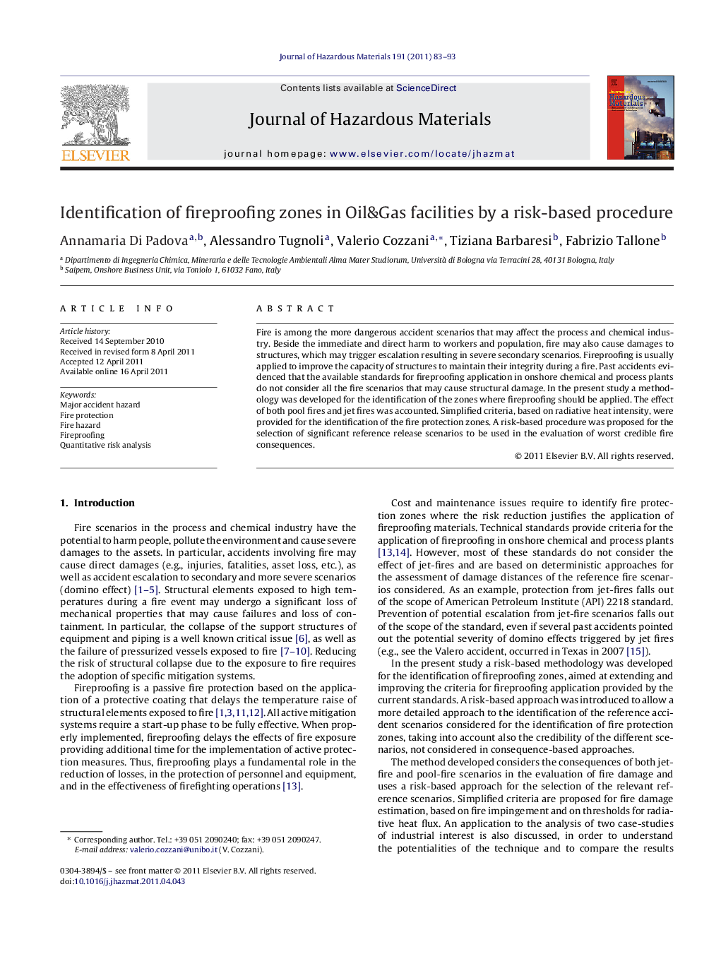 Identification of fireproofing zones in Oil&Gas facilities by a risk-based procedure