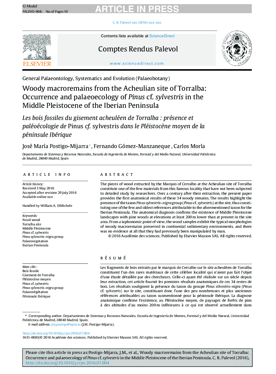 Woody macroremains from the Acheulian site of Torralba: Occurrence and palaeoecology of Pinus cf. sylvestris in the Middle Pleistocene of the Iberian Peninsula