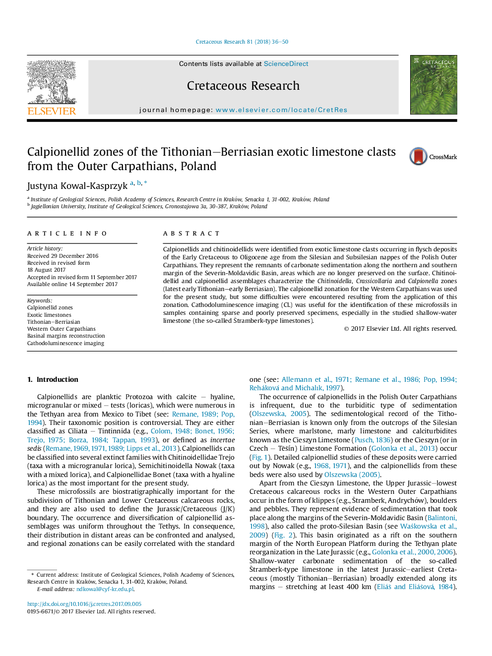 Calpionellid zones of the Tithonian-Berriasian exotic limestone clasts from the Outer Carpathians, Poland