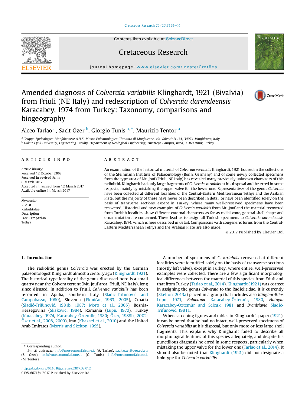 Amended diagnosis of Colveraia variabilis Klinghardt, 1921 (Bivalvia) from Friuli (NE Italy) and redescription of Colveraia darendeensis Karacabey, 1974 from Turkey: Taxonomy, comparisons and biogeography