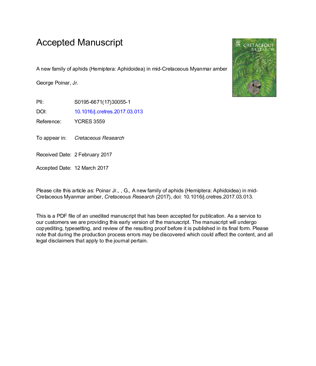 A new family of aphids (Hemiptera: Aphidoidea) in mid-Cretaceous Myanmar amber