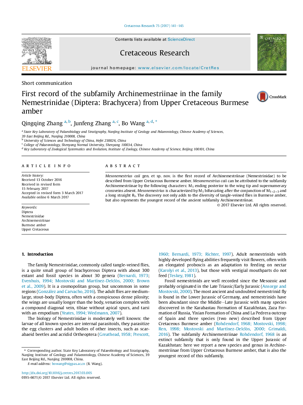 Short communicationFirst record of the subfamily Archinemestriinae in the family Nemestrinidae (Diptera: Brachycera) from Upper Cretaceous Burmese amber