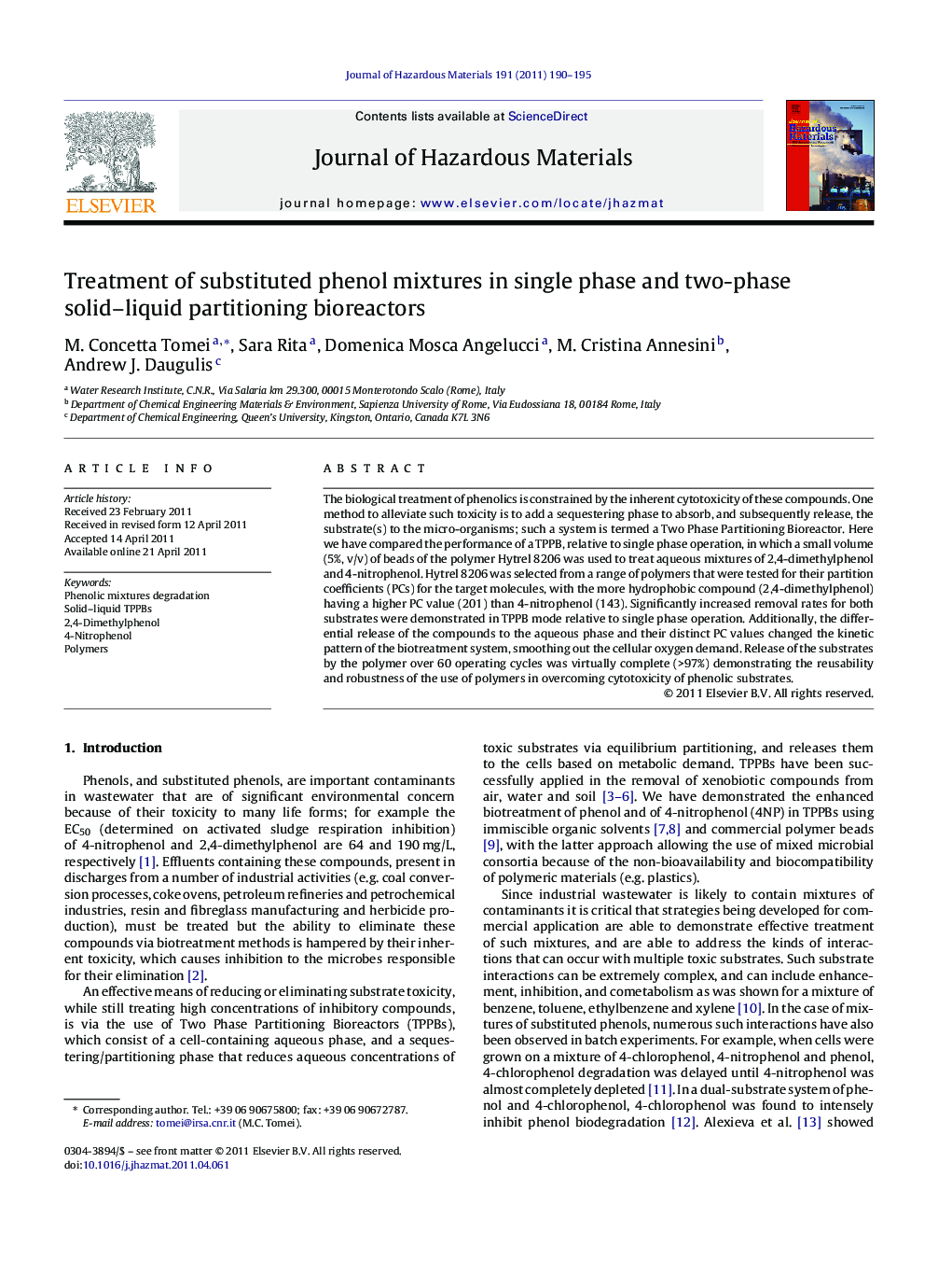 Treatment of substituted phenol mixtures in single phase and two-phase solid-liquid partitioning bioreactors