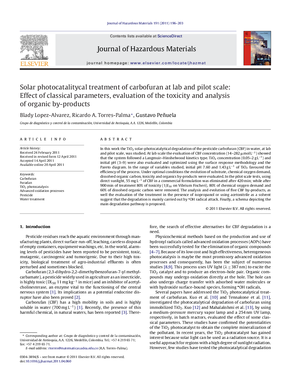 Solar photocatalitycal treatment of carbofuran at lab and pilot scale: Effect of classical parameters, evaluation of the toxicity and analysis of organic by-products