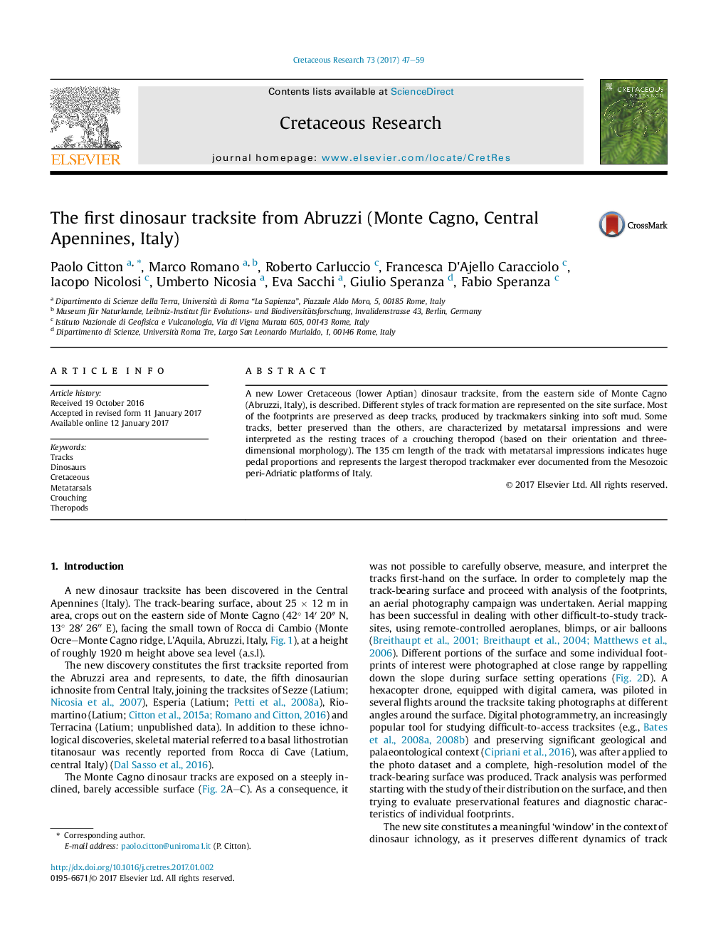 The first dinosaur tracksite from Abruzzi (Monte Cagno, Central Apennines, Italy)