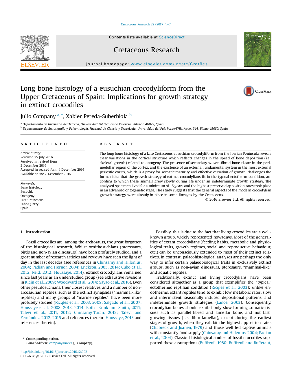 Long bone histology of a eusuchian crocodyliform from the UpperÂ Cretaceous of Spain: Implications for growth strategy inÂ extinctÂ crocodiles