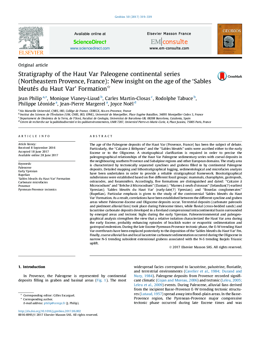 Original articleStratigraphy of the Haut Var Paleogene continental series (Northeastern Provence, France): New insight on the age of the 'Sables bleutés du Haut Var' Formation