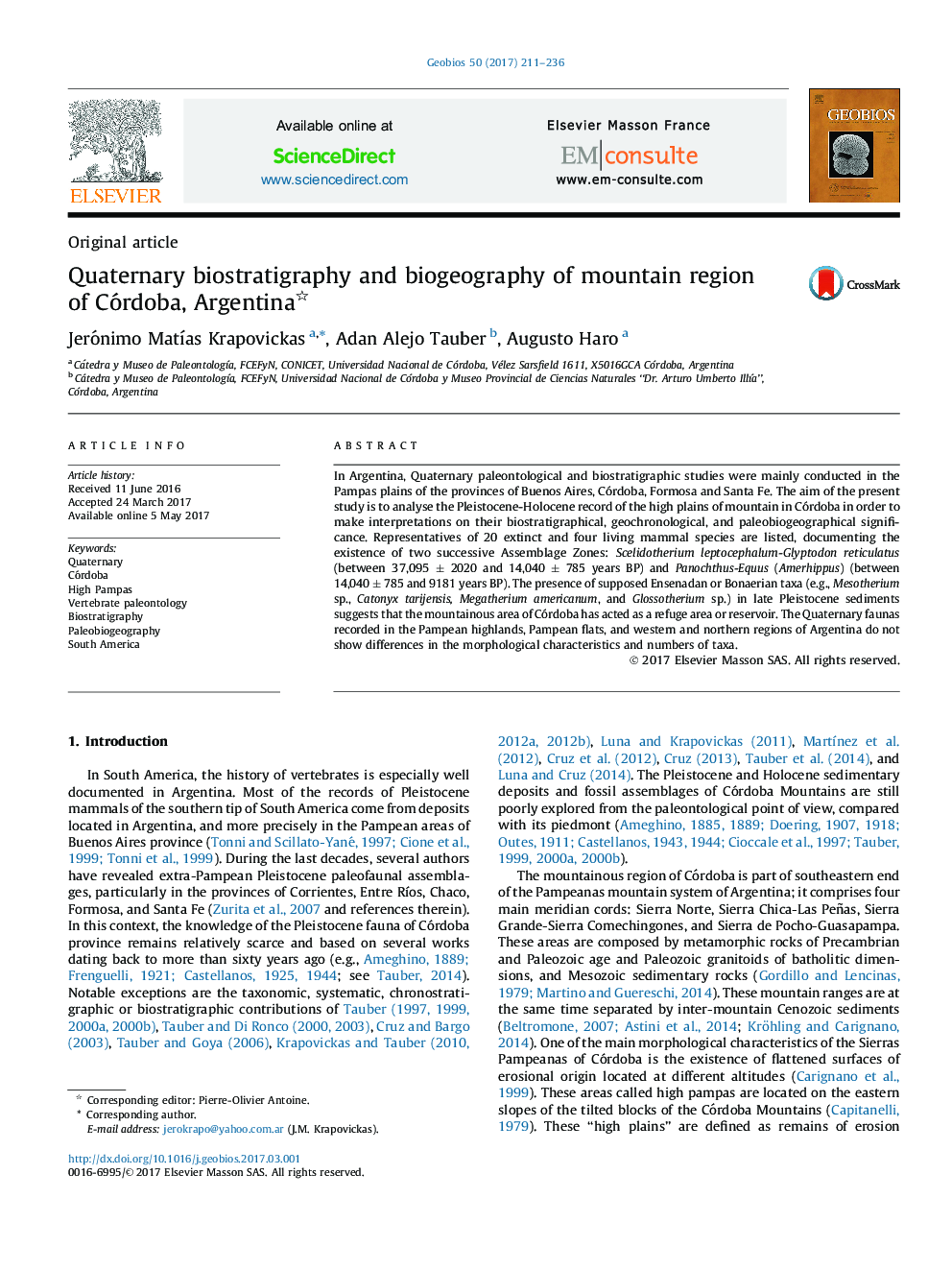 Original articleQuaternary biostratigraphy and biogeography of mountain region of Córdoba, Argentina