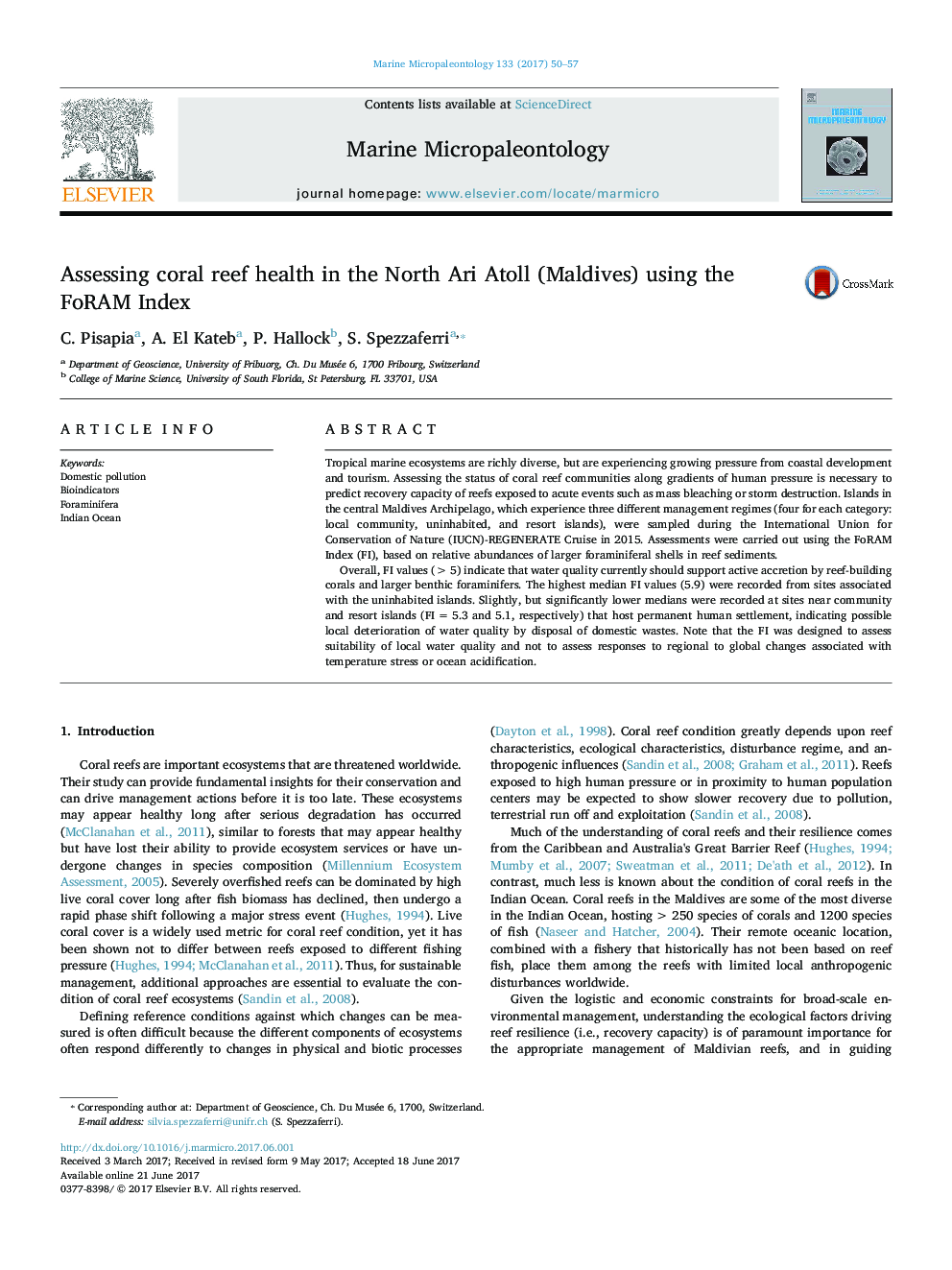 عکس صفحه اول مقاله: Assessing coral reef health in the North Ari Atoll (Maldives) using the FoRAM Index Assessing coral reef health in the North Ari Atoll (Maldives) using the FoRAM Index