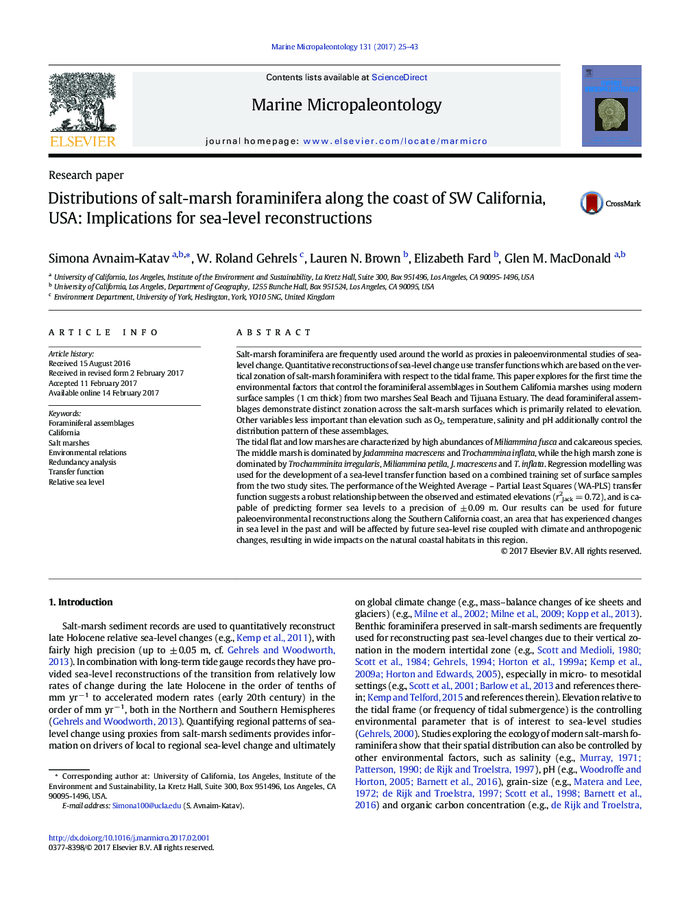 Research paperDistributions of salt-marsh foraminifera along the coast of SW California, USA: Implications for sea-level reconstructions