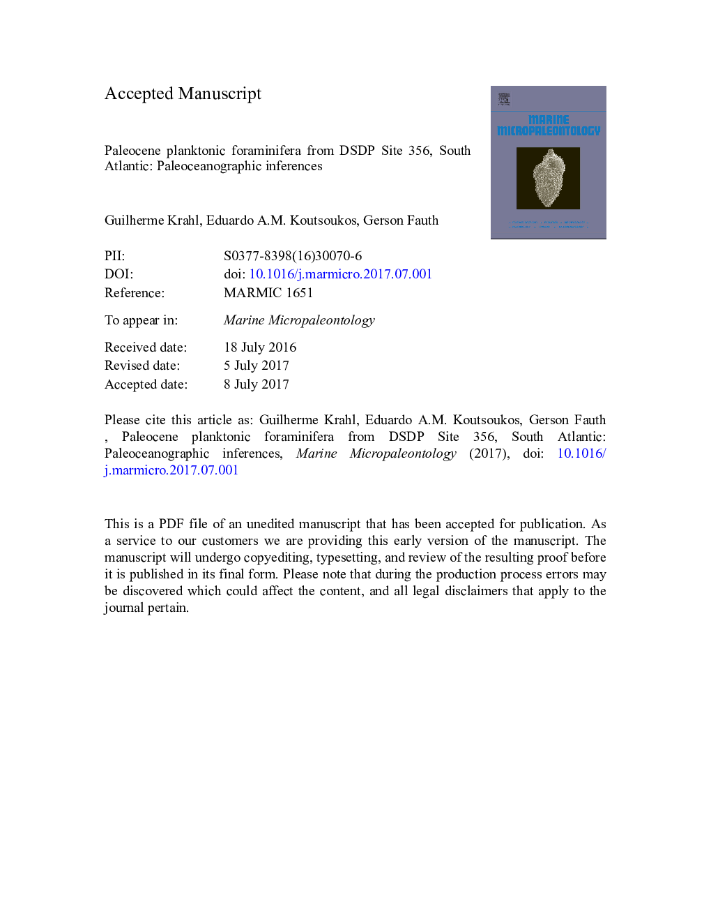 Paleocene planktonic foraminifera from DSDP Site 356, South Atlantic: Paleoceanographic inferences