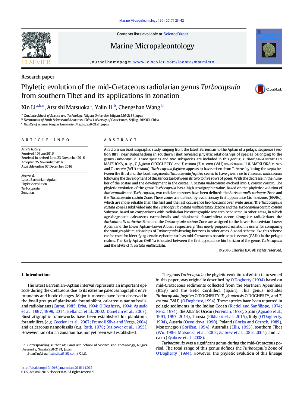 Phyletic evolution of the mid-Cretaceous radiolarian genus Turbocapsula from southern Tibet and its applications in zonation