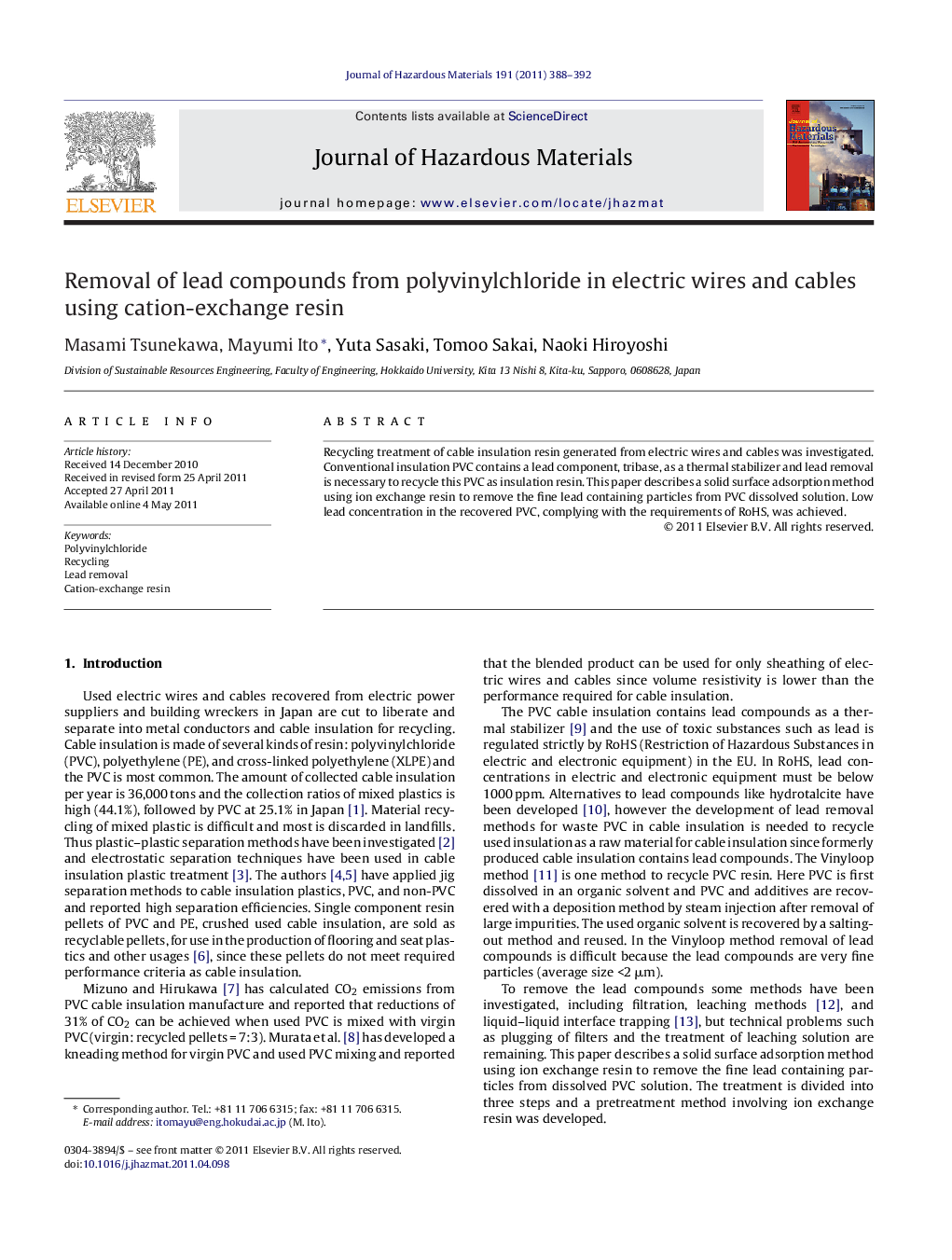 Removal of lead compounds from polyvinylchloride in electric wires and cables using cation-exchange resin