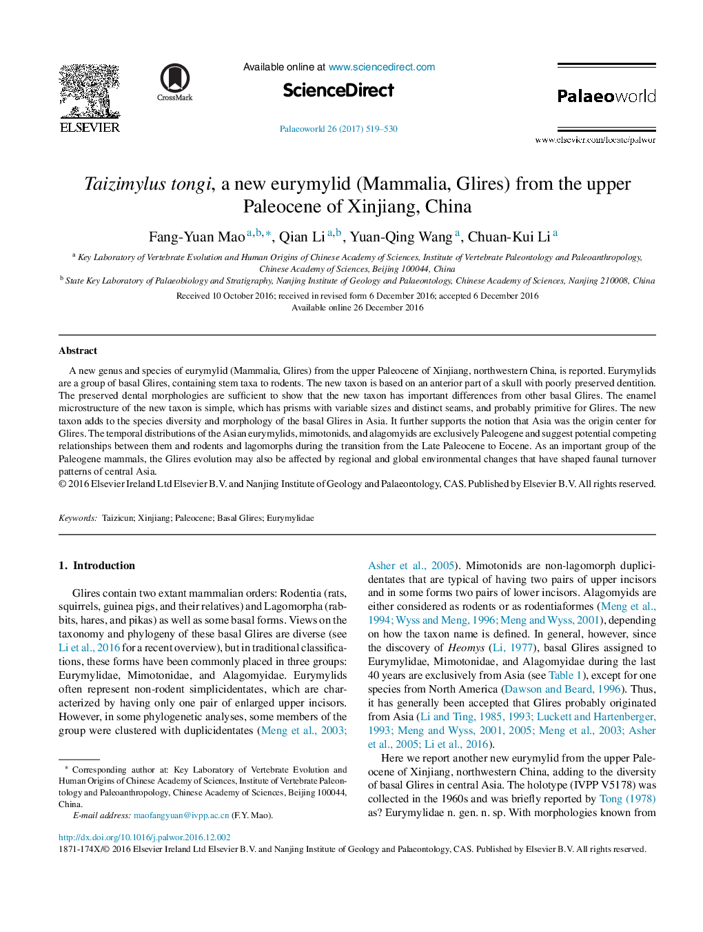 Taizimylus tongi, a new eurymylid (Mammalia, Glires) from the upper Paleocene of Xinjiang, China